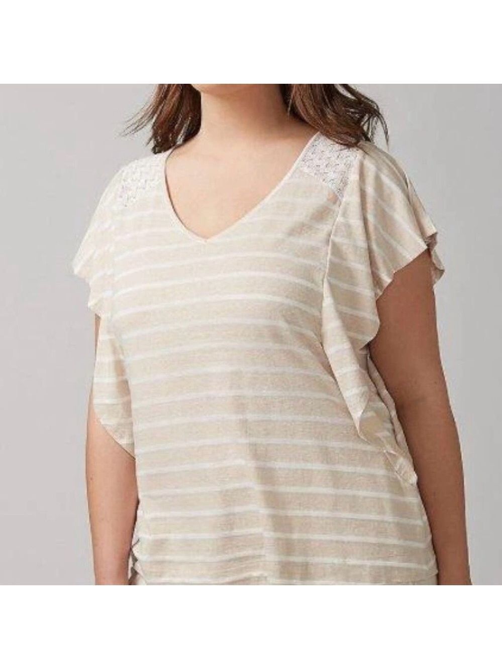 LANE BRYANT Women’s Cafe Latte RUFFLE Sleeve Circle T-Shirt Plus Size: 14/16